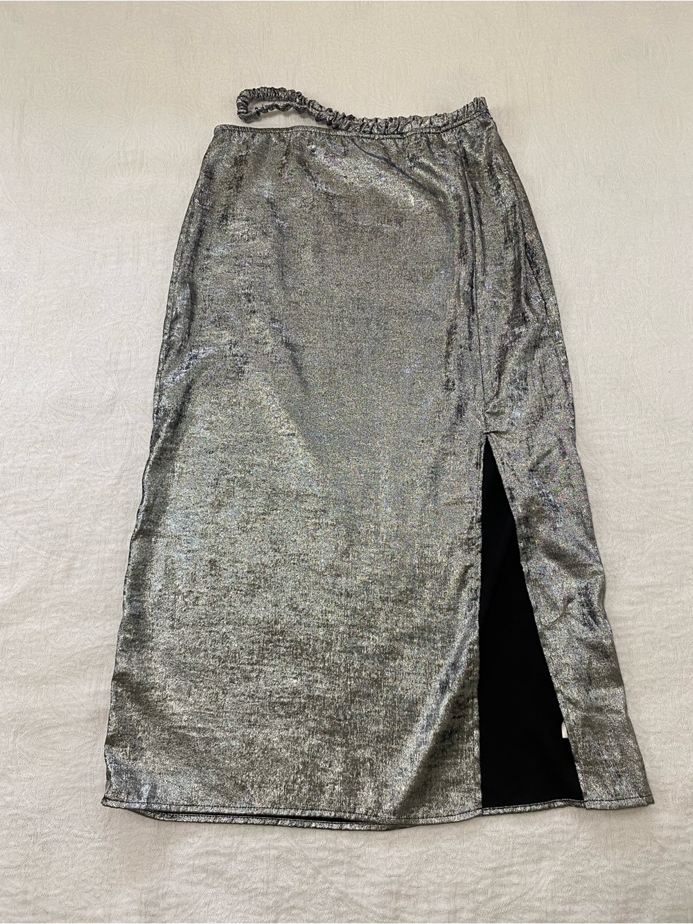 Future Collective Alani Noelle Sz 4 Metallic Silver Midi Skirt Cut Out